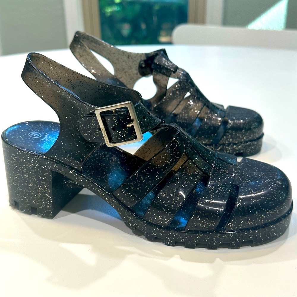 Goth Black Clear Sparkly Jelly Sandals with chunky heels- Size 8 New
